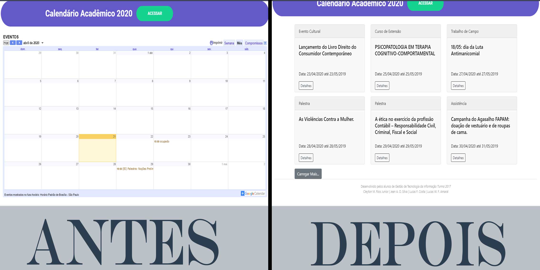 Tela de listagem de eventos do CEPE-FAPAM