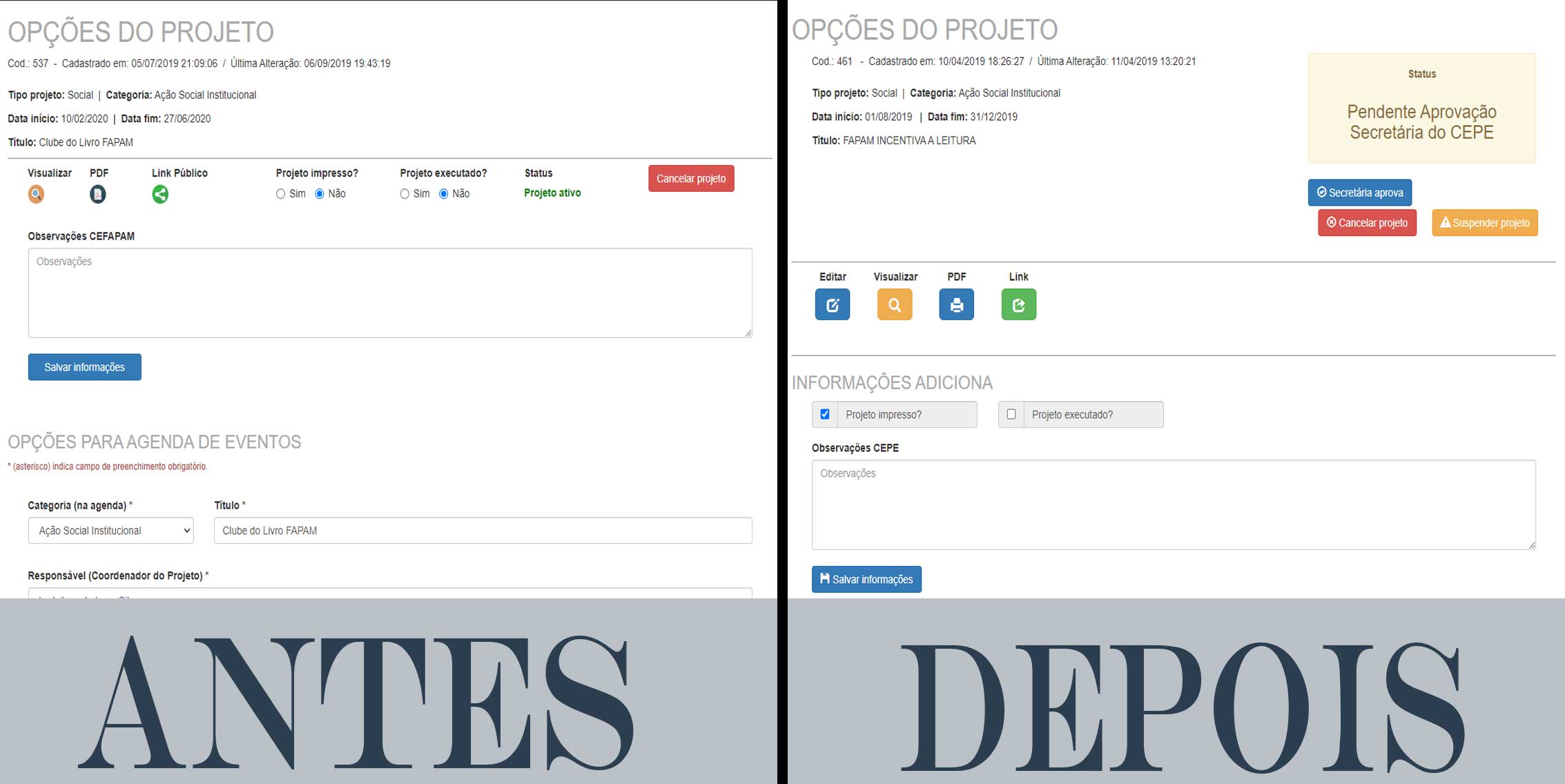 Tela de opções do sistema CEPE-FAPAM