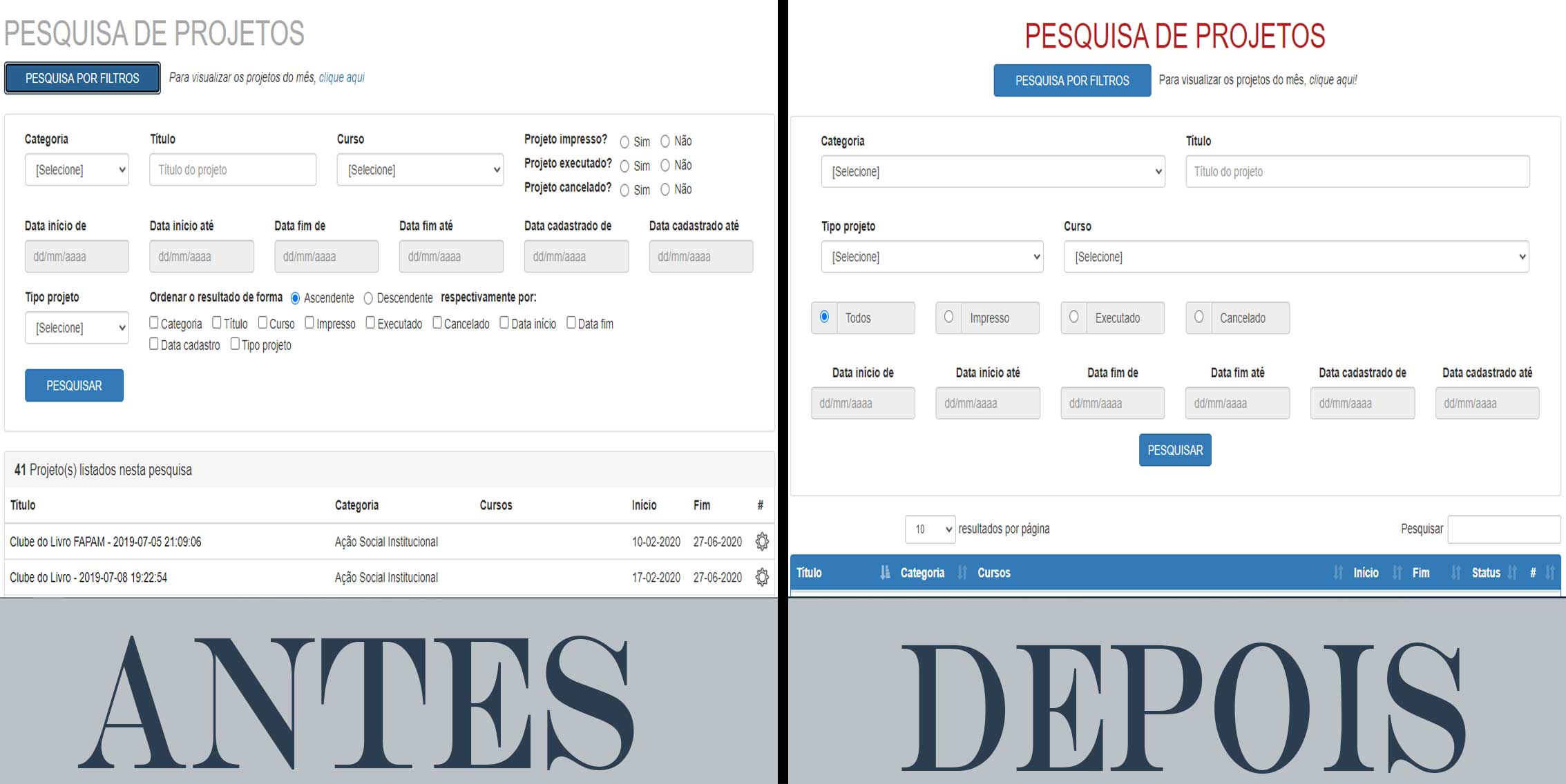 Tela de pesquisa de projetos do CEPE-FAPAM